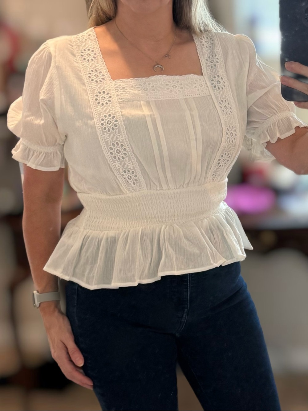 In Loom White Lace-Trim Peasant Blouse